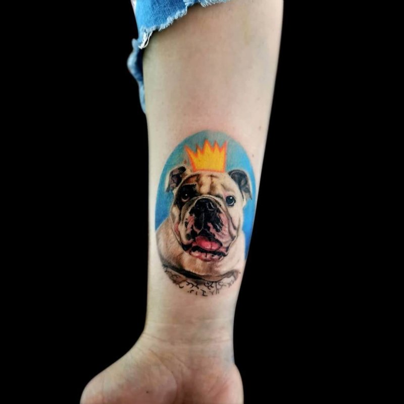English bulldog colorfull with crown tattoo